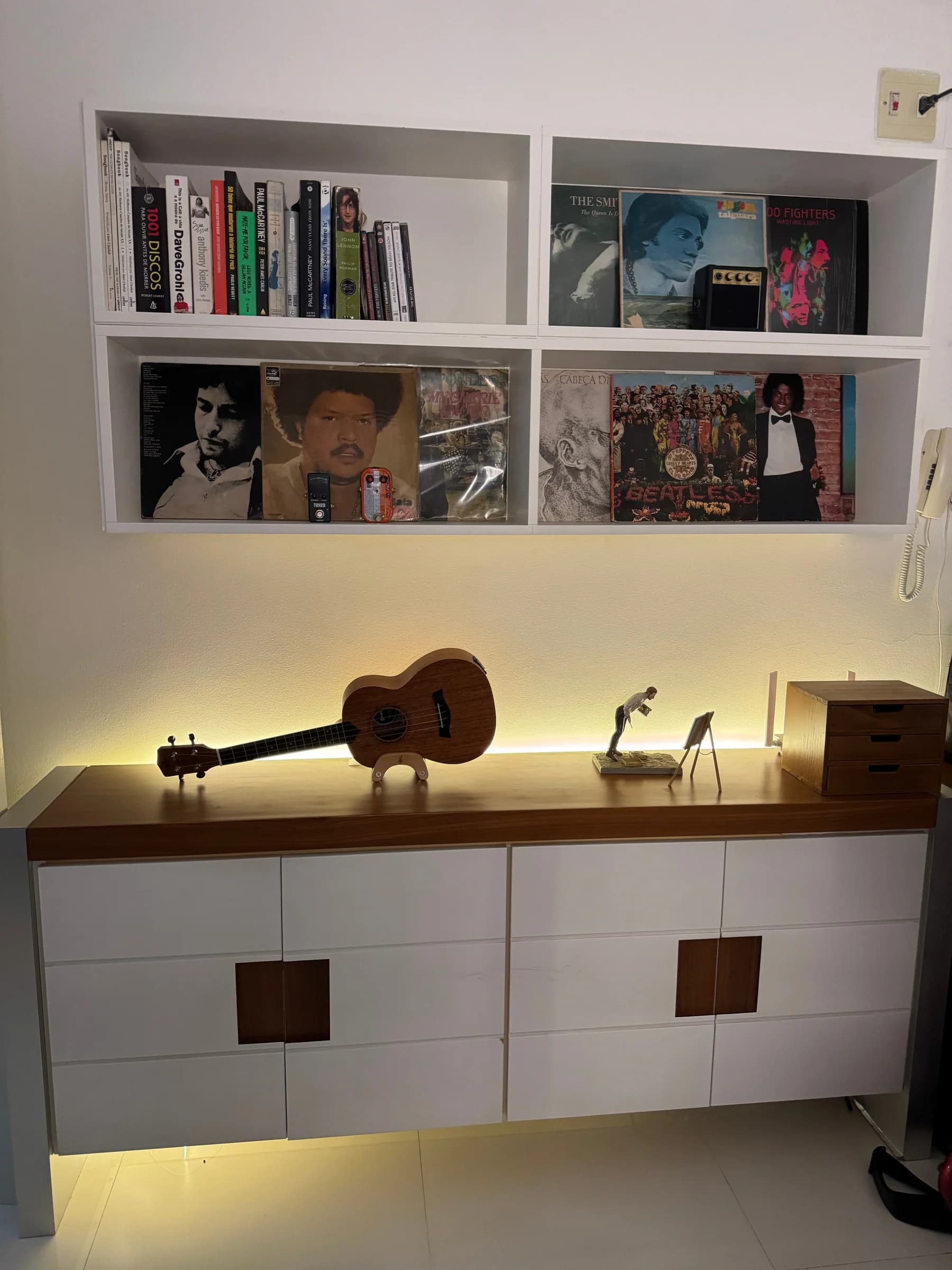 Estante com livros, discos e ukulele no estúdio do Prof. Artur Guerra